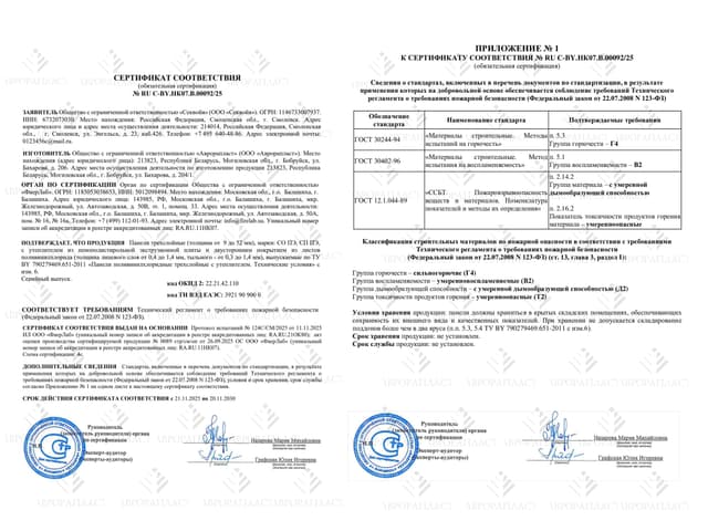 Сертификат соответствия: Панели трехслойные